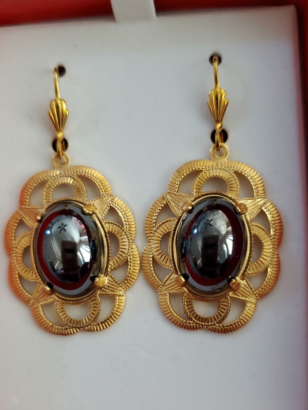 Alzerina NY Magnolia Jet Hematite 24KT Gold Plated Filigree Earrings New